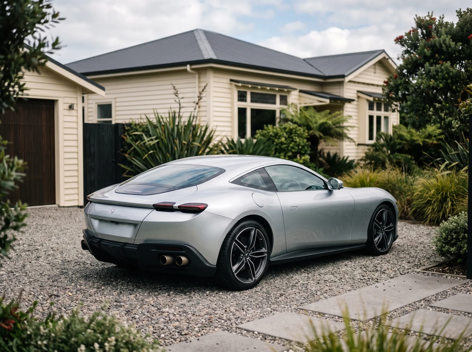 Illustrative silver grand tourer in a quiet residential forecourt